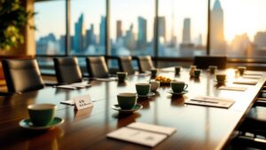 Japanese conference room table set with business cards and green tea before a formal meeting