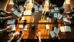 Overhead view of a Japanese conference table with business cards, tea cups, and notepads in warm natural light