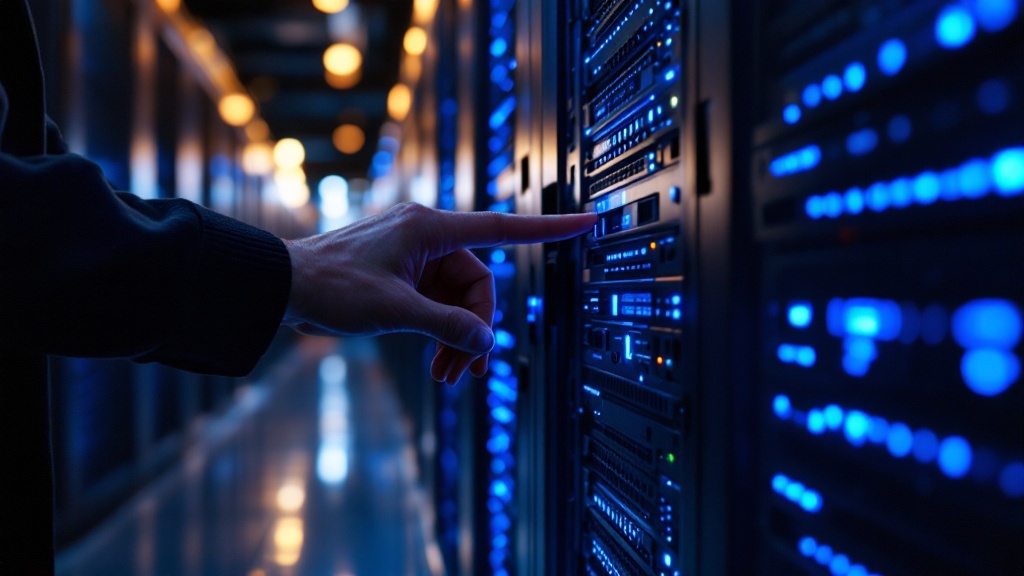 Server rack in a Tokyo data center with blue LED lights and a hand reaching toward a security panel