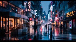 Tokyo business district at twilight with emergency supply crates near a corporate building entrance