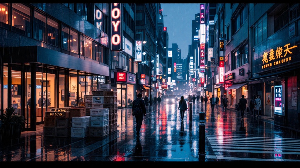 Tokyo business district at twilight with emergency supply crates near a corporate building entrance