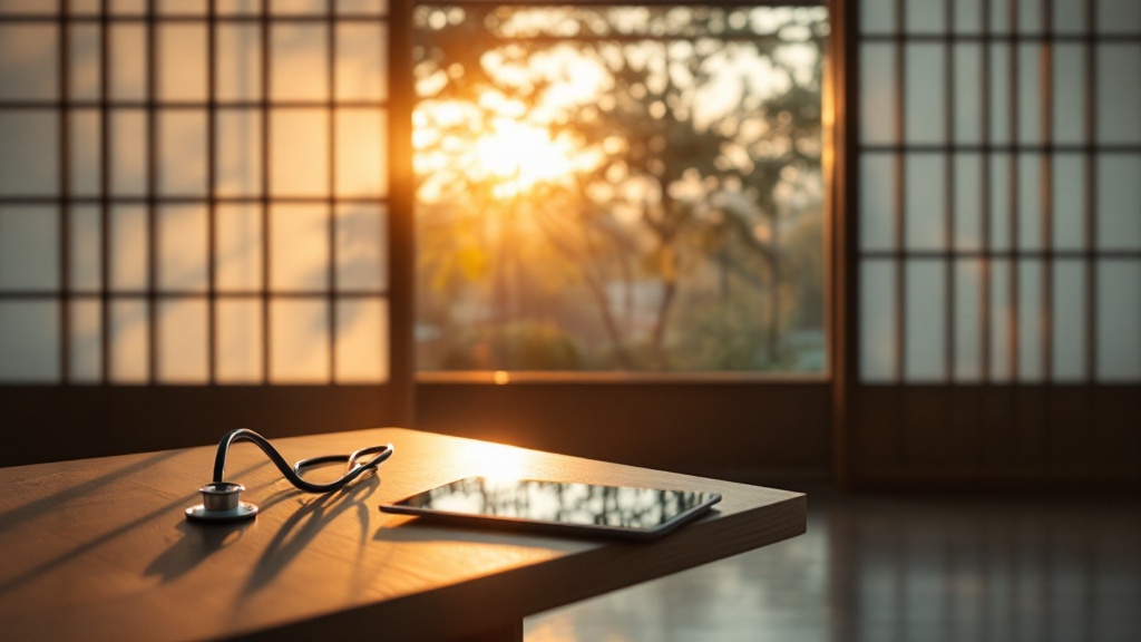 A tablet and stethoscope on a minimalist wooden desk in a modern Japanese clinic with soft morning light through privacy screens