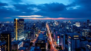 Aerial view of Tokyo's Shibuya business district at dusk with glowing office towers and light trails