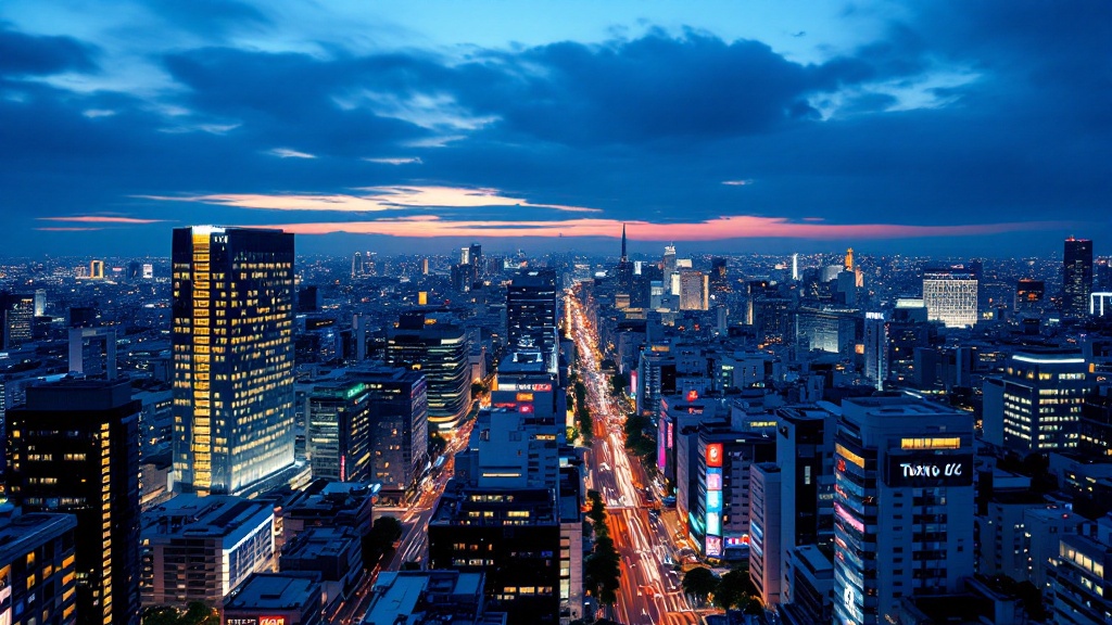 Aerial view of Tokyo's Shibuya business district at dusk with glowing office towers and light trails