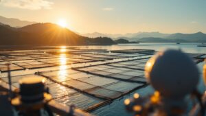 Aquaculture net pens in a Japanese bay at golden hour with mountains in background and monitoring equipment in foreground
