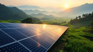 Solar panel array on a Japanese hillside with mountains and rice paddies in the background at golden hour