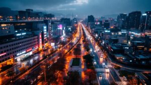 Aerial twilight view of a modern Japanese urban district with smart infrastructure lighting