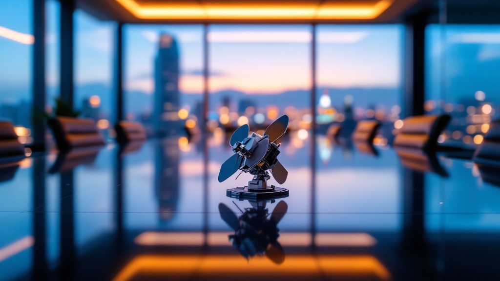 Satellite component model on a conference table in a Tokyo high-rise office at evening