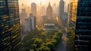 Aerial view of Tokyo business district with green tree canopy reflected in glass towers at golden hour