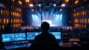 Silhouetted hands operating an audio-visual control console overlooking a warmly lit Tokyo conference hall
