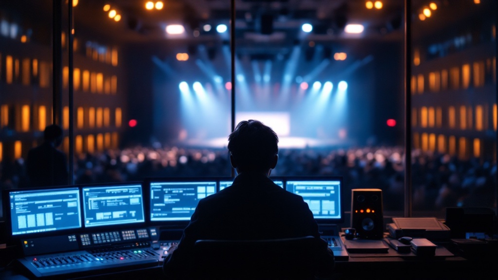 Silhouetted hands operating an audio-visual control console overlooking a warmly lit Tokyo conference hall