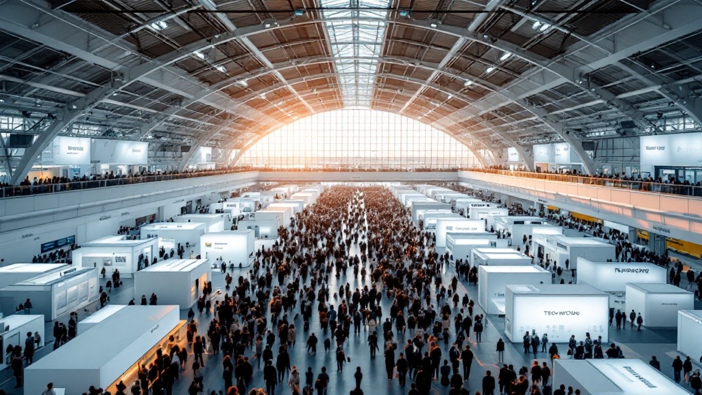 Spacious technology exhibition hall in Tokyo with rows of white booths and motion-blurred attendees under warm afternoon light