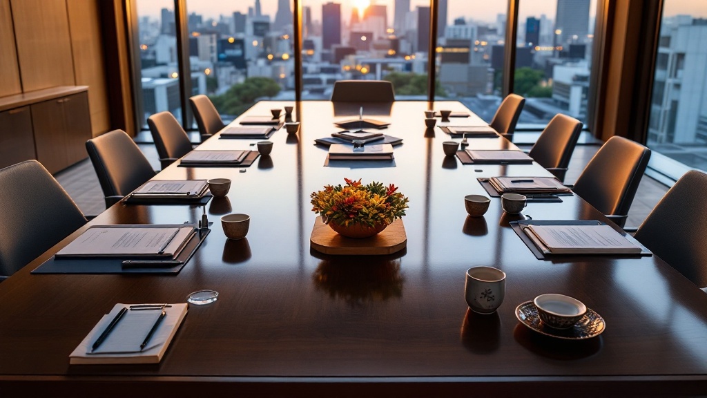 Overhead view of a Japanese conference table with training materials and tea cups in warm golden hour light