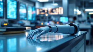 Medical device testing laboratory in Japan with a robotic care arm and regulatory documentation on a clinical bench
