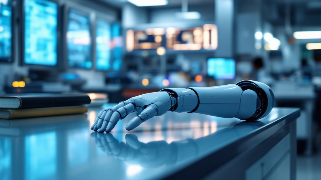 Medical device testing laboratory in Japan with a robotic care arm and regulatory documentation on a clinical bench