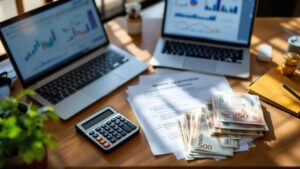 Overhead view of a Japanese office desk with financial documents, calculator, and yen currency under warm natural light