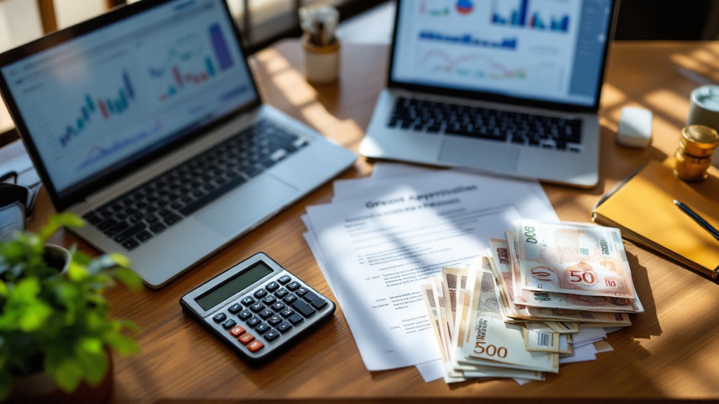 Overhead view of a Japanese office desk with financial documents, calculator, and yen currency under warm natural light