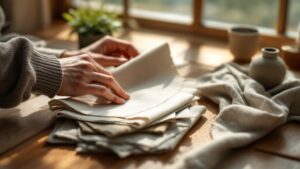 Hands examining organic cotton fabric swatches on a wooden table in natural light