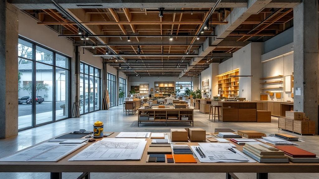 Japanese retail space under construction with blueprints and material samples on a worktable