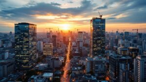 Aerial view of Tokyo redevelopment district at twilight with modern towers and construction cranes