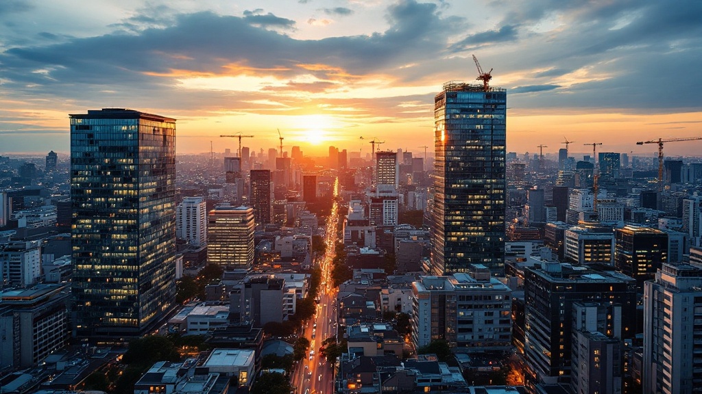 Aerial view of Tokyo redevelopment district at twilight with modern towers and construction cranes