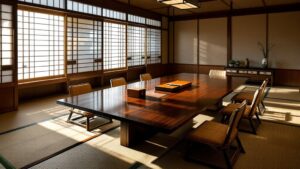 Sunlit Japanese conference room with shoji screens, dark wood table, and a business card case