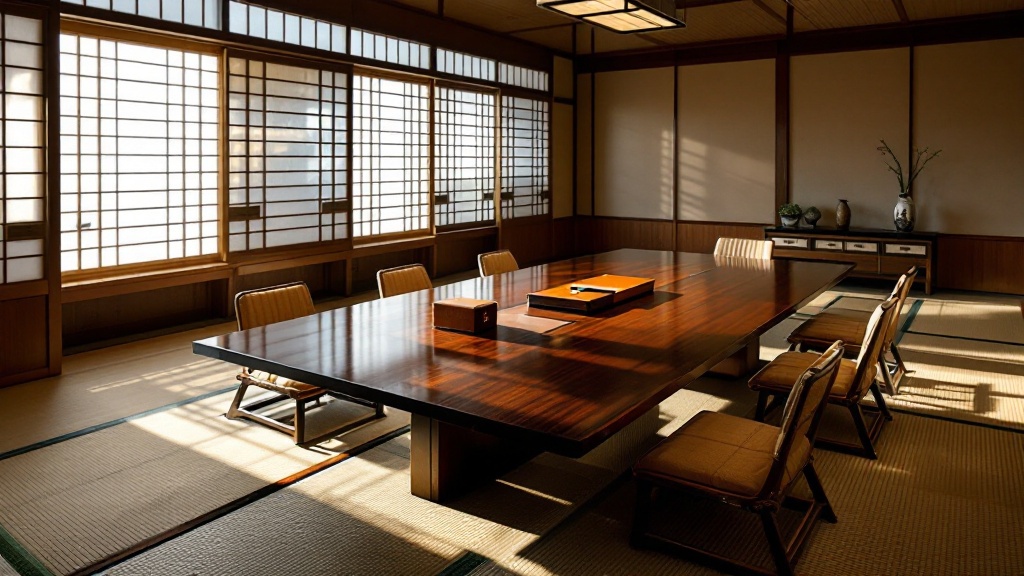 Sunlit Japanese conference room with shoji screens, dark wood table, and a business card case