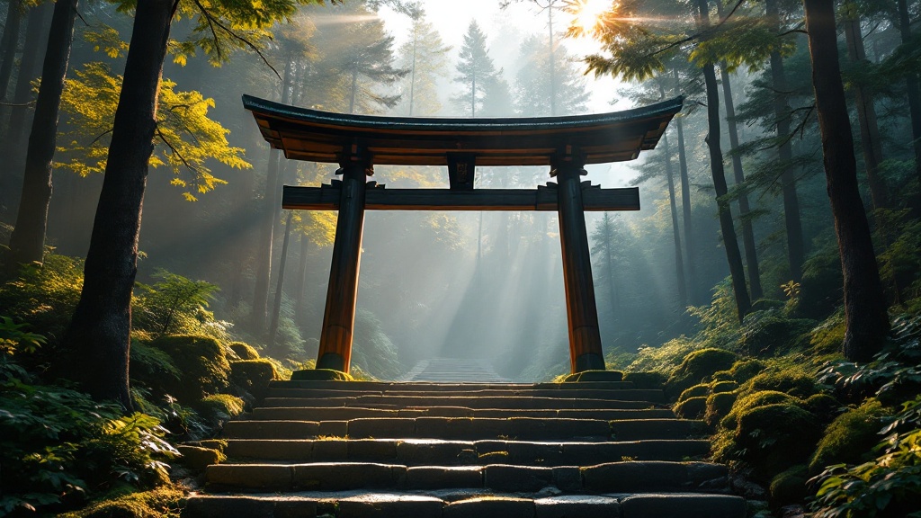 Misty morning light filtering through cedar trees onto moss-covered stone steps leading to an ancient Japanese shrine gate