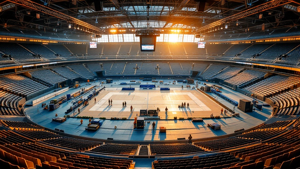 Indoor sports arena in Tokyo during event setup with golden hour lighting