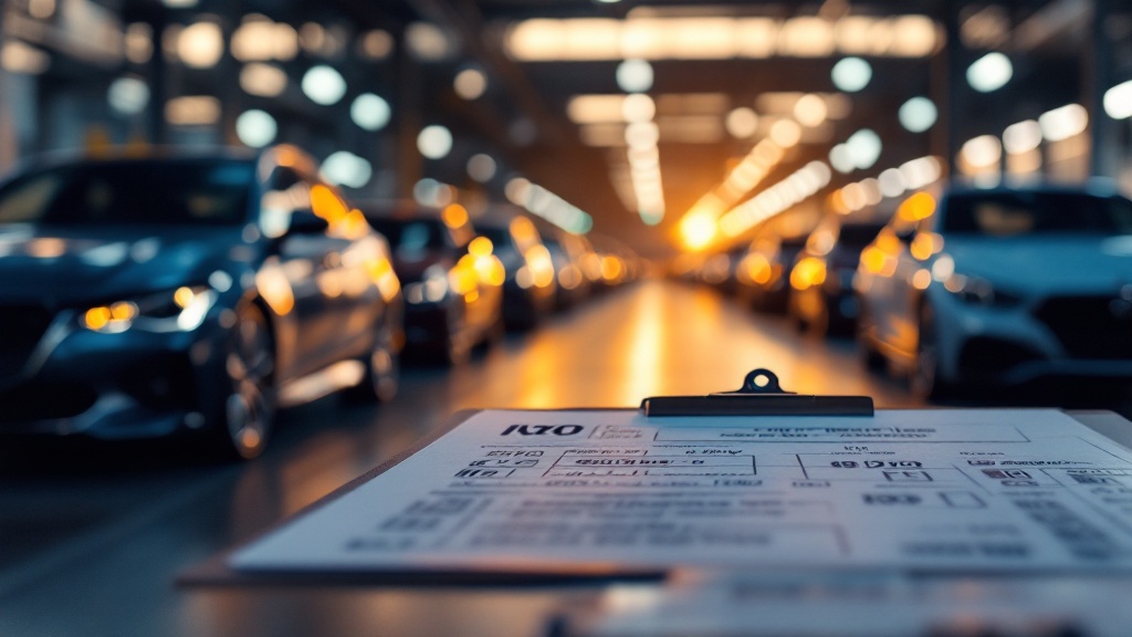 Imported vehicles lined up at a Japanese automotive inspection facility during golden hour
