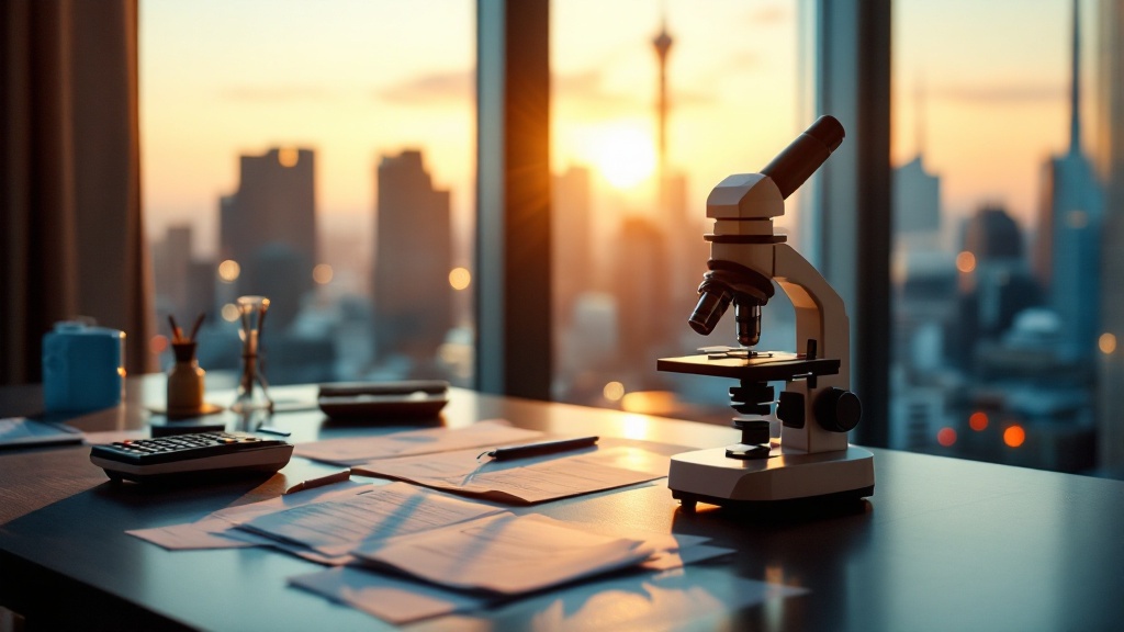 Laboratory microscope on a desk with Tokyo skyline visible through windows at golden hour