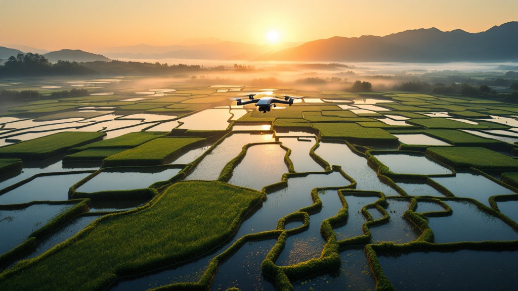 Aerial view of an autonomous drone flying over flooded Japanese rice paddies at sunset with mountains in the background