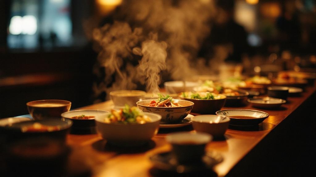 Traditional Japanese dishes arranged on a lacquered restaurant counter with warm ambient lighting