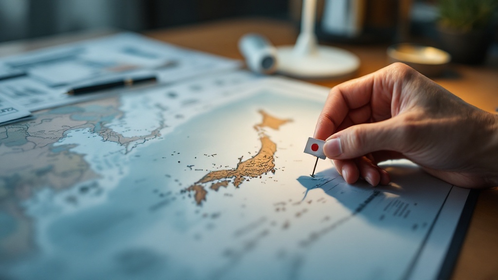 Hands placing a flag pin on a wall map of Japan on a warm wooden desk