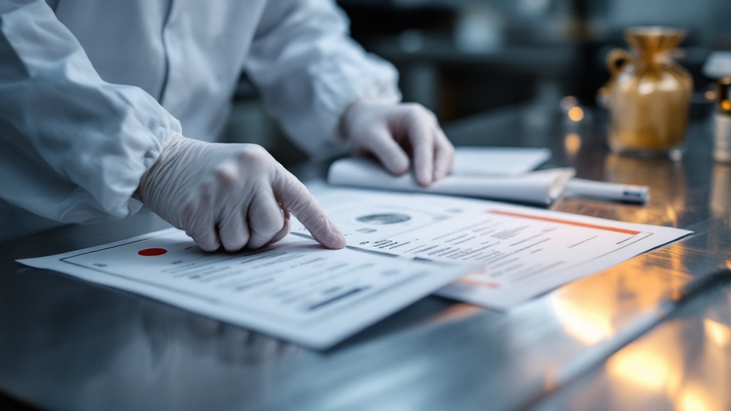 Gloved hands examining Japanese food certification documents and product packaging on a steel surface