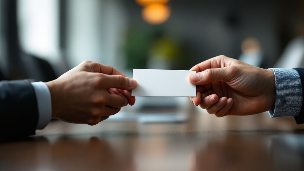 Close-up of hands exchanging a business card with both hands in a Japanese business setting