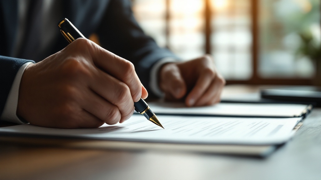 Close-up of hands arranging business documents and a fountain pen on a dark wood desk with soft Japanese interior lighting