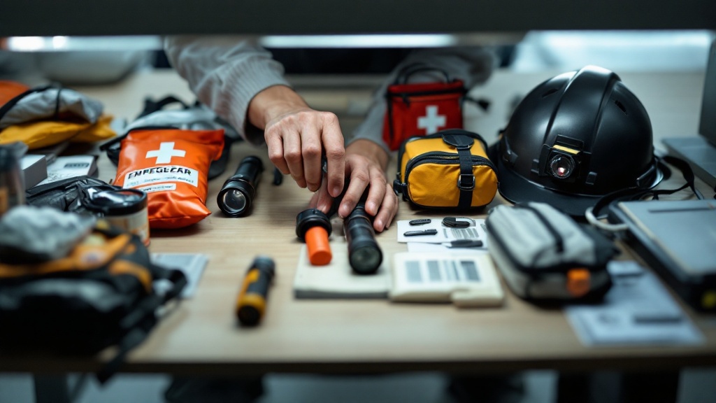 Hands organizing disaster preparedness supplies on a Japanese office desk