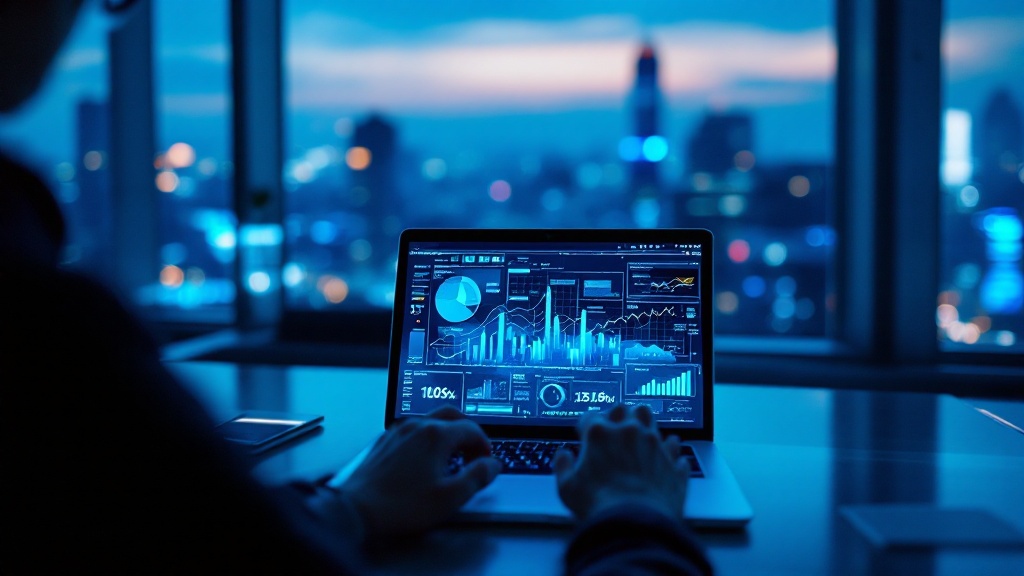 Hands on a laptop showing abstract data visualizations in a modern Tokyo office at twilight