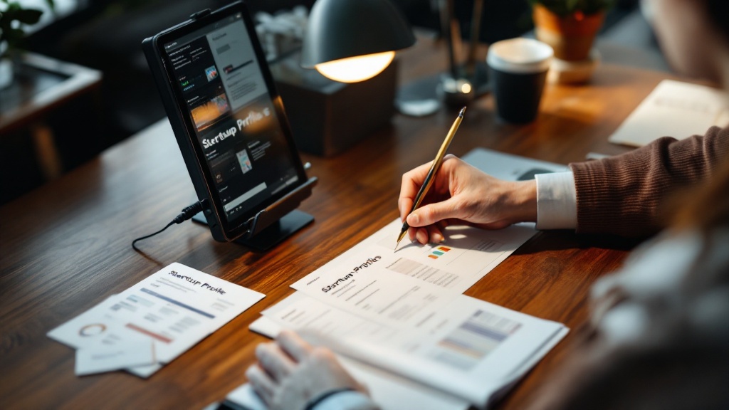 Hands sorting startup profile documents on a dark walnut desk in a Japanese office