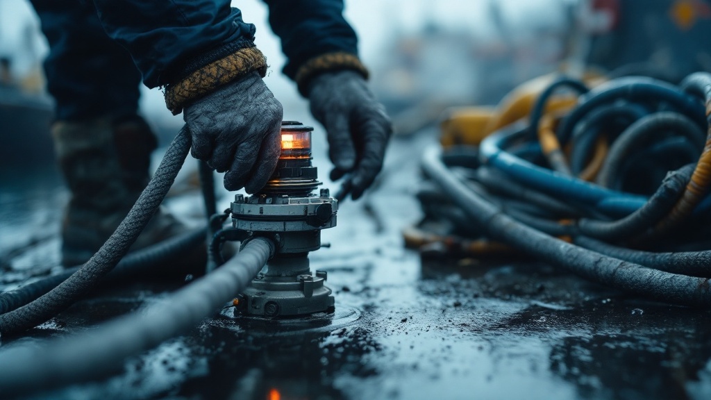 Hands adjusting an underwater sensor unit on a foggy Japanese fishing port dock