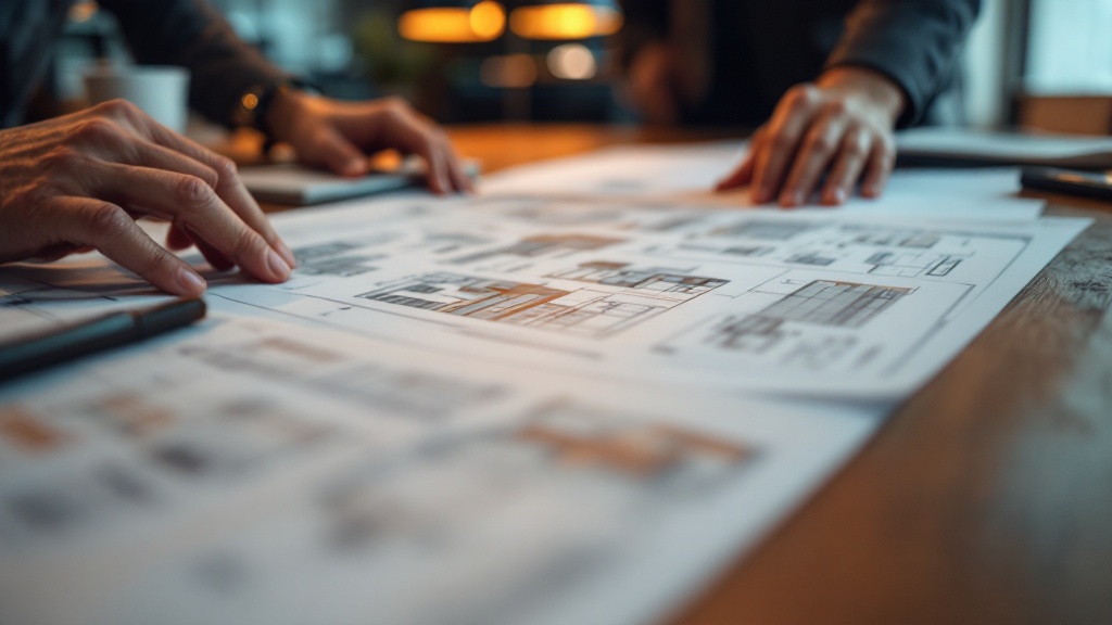 Hands reviewing architectural blueprints and regulatory documents on a wooden conference table
