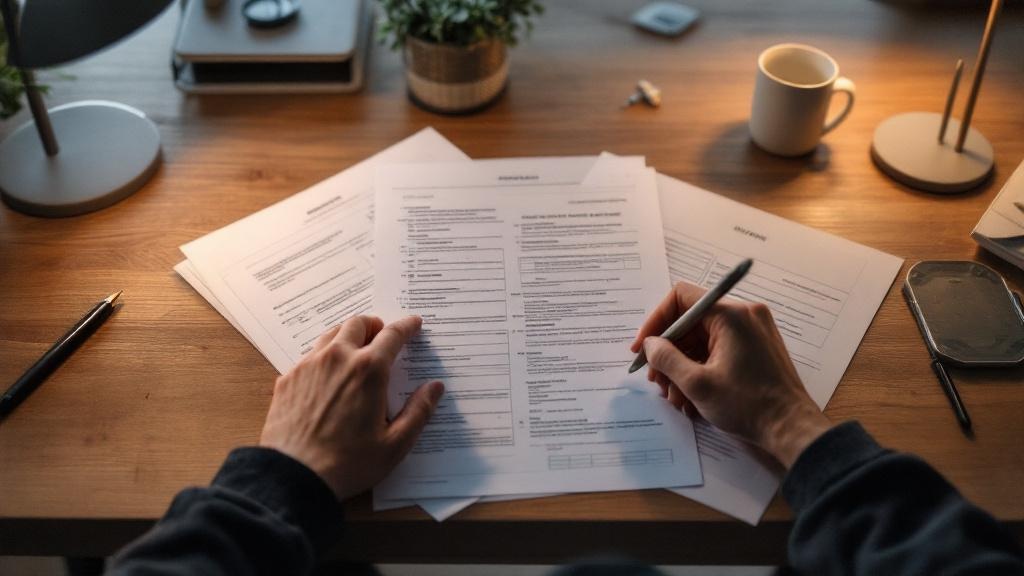 Hands reviewing Japanese regulatory documents on a wooden desk under warm lamp light