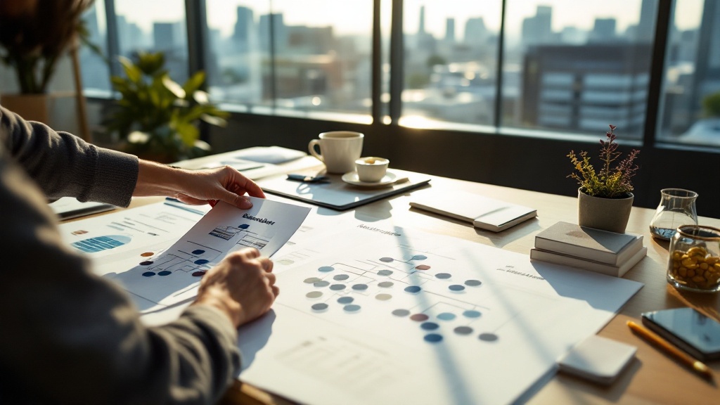 Hands arranging stakeholder maps on a desk in a Tokyo office with city skyline visible through windows