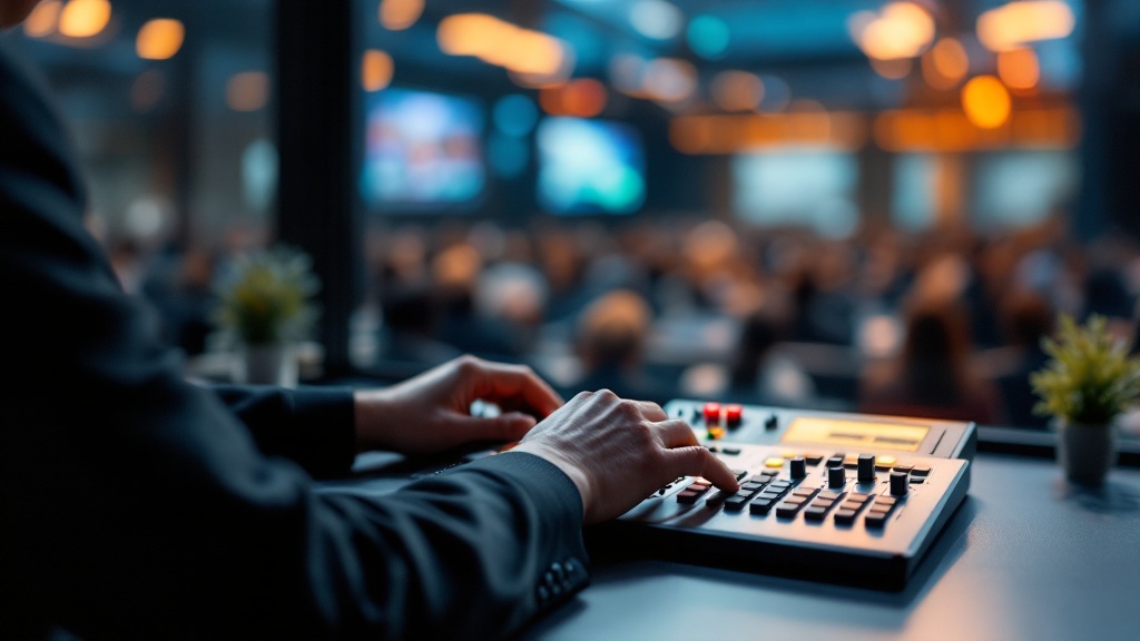 Over-shoulder view of an interpreter's hands on a dual-channel console inside a booth at a Tokyo conference venue