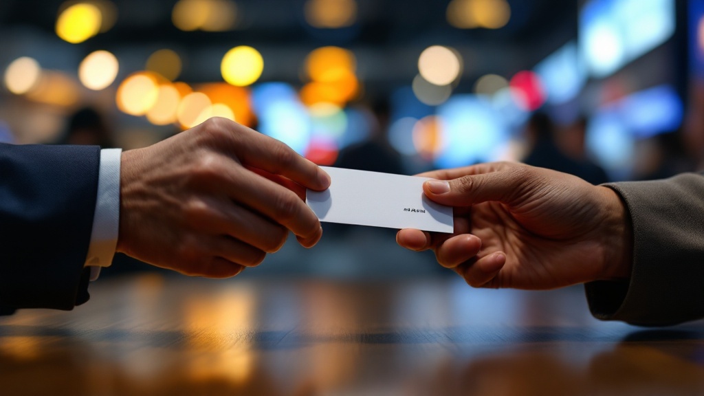 Close-up of hands formally exchanging business cards over a dark exhibition table with warm overhead lighting