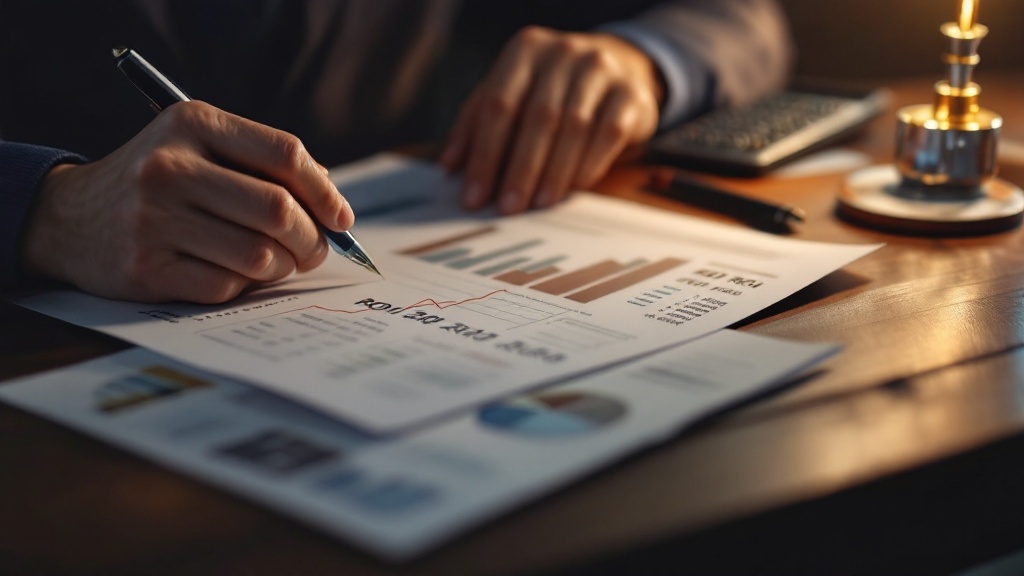 Hands reviewing a financial report with ROI figures on a Japanese wooden desk with calculator and pen