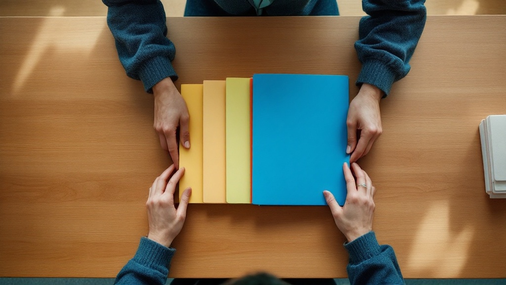 Overhead view of four color-coded regulatory classification folders arranged on a wooden desk