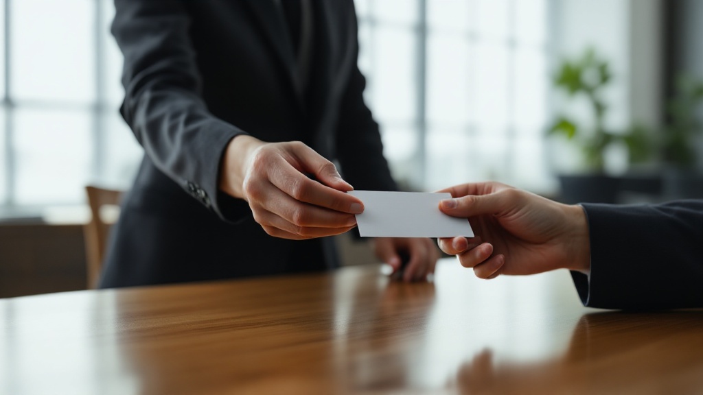 Close-up of hands exchanging business cards over a wooden table in a Japanese office
