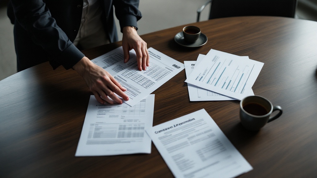Hands arranging grant application forms and budget spreadsheets on a conference table in a Tokyo office